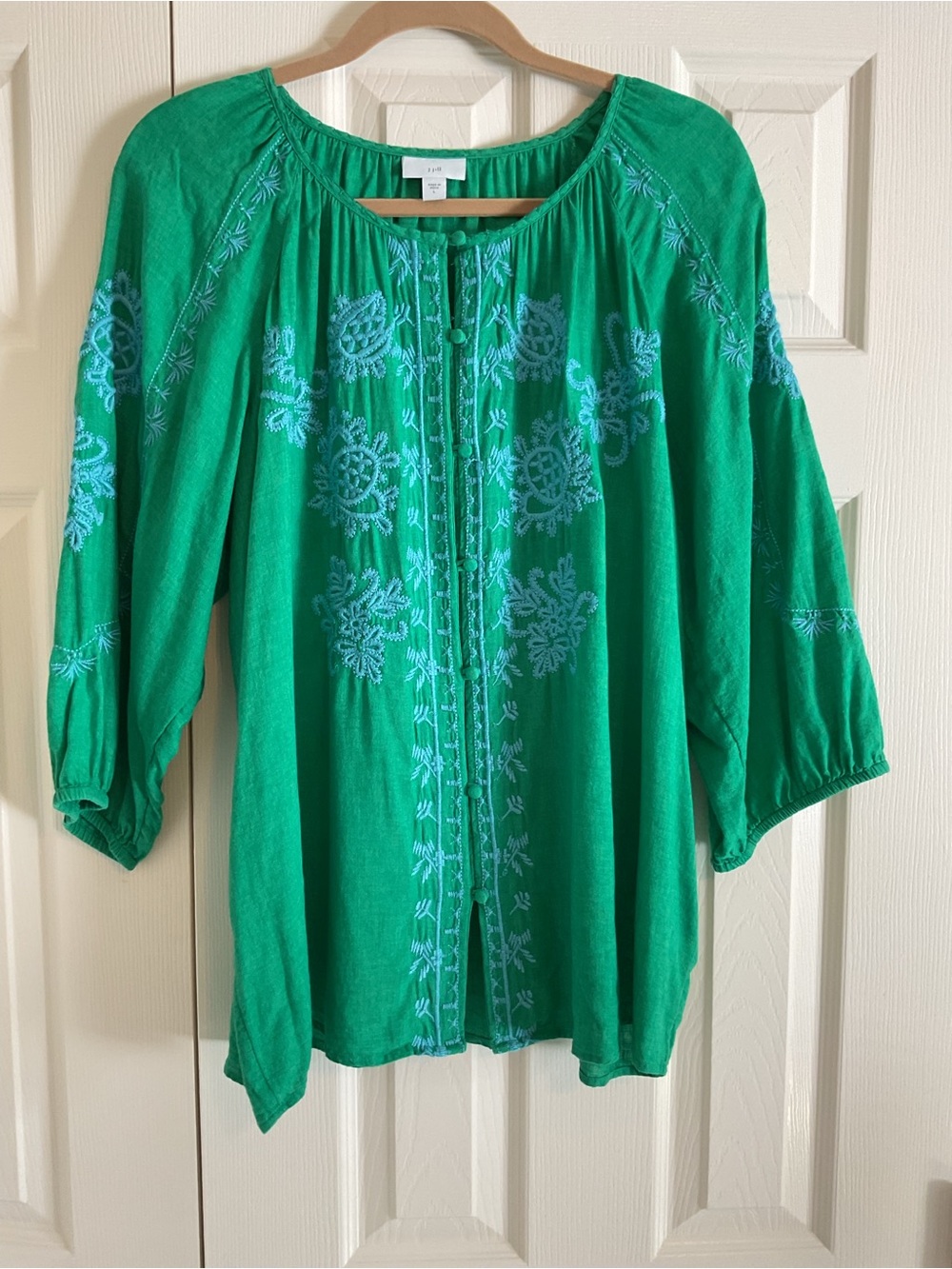 J Jill Embroidered Linen Blend Blouse in Green Size Large